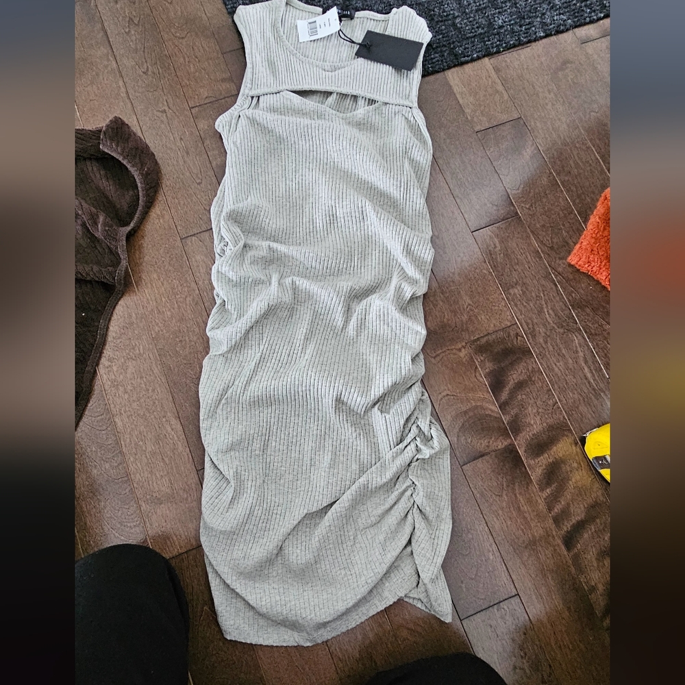 NWT Cotton Silver Gray Sleeveless Cut Out Mock Neck Midi Dress Large
